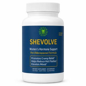 Supplement bottle labeled 'Shevolve' for women's hormone support on a white background