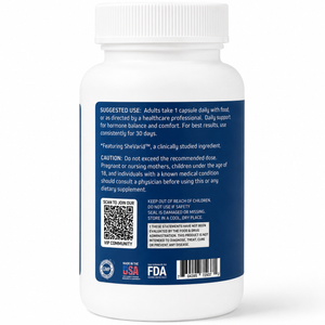 Supplement bottle label with text and QR code on a white background