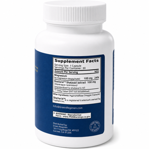 Supplement bottle with blue label and white cap on a white background